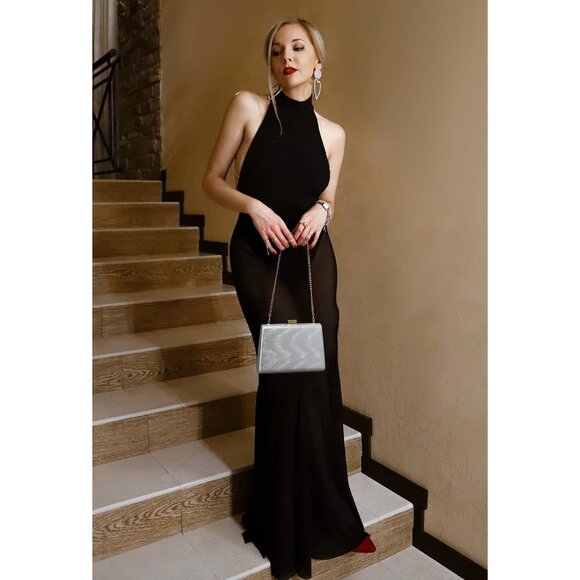 ⚡ Women's Detachable Chain Sparkly Evening Formal Parties Silver Clutch Bag - Picture 5 of 9